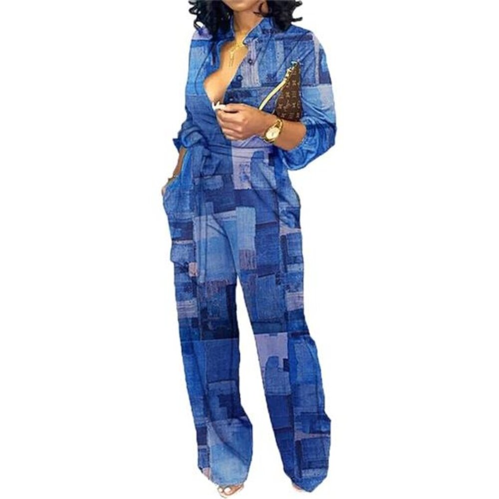 New Women's Elegant Business Casual Jumpsuit - Button-Down V-Neck, Long Sleeve, - Picture 7 of 7